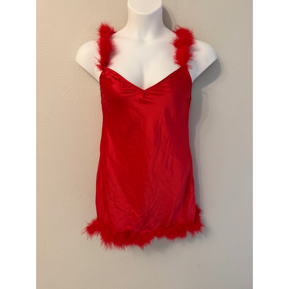 Trickz N Treatz Dolls Kill Red Satiny Faux Feather Trim Chemise Mini Dress M